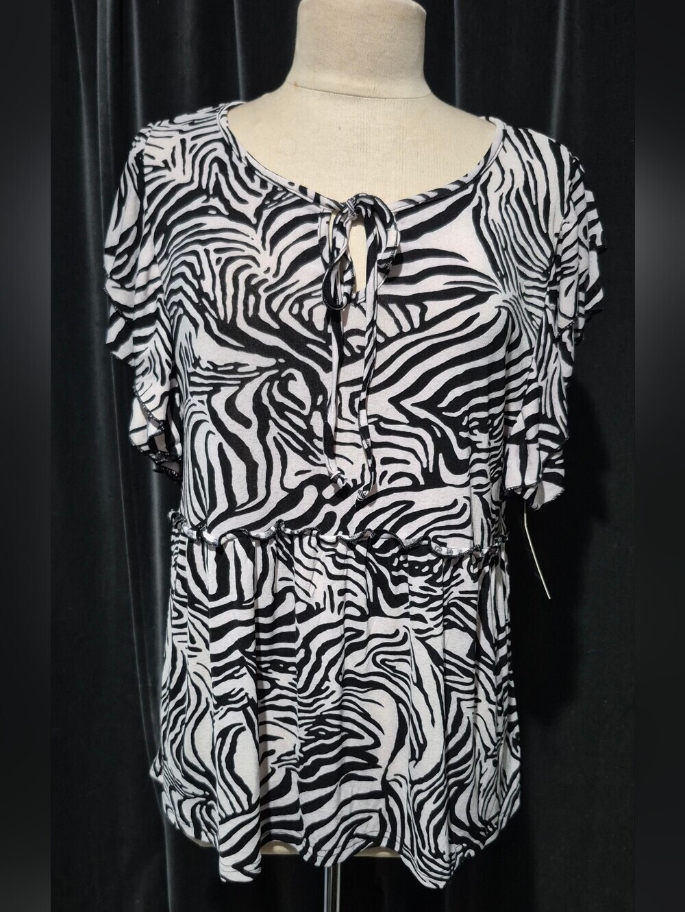 Unique Spectrum Black & White Zebra Print Tie-Neck Blouse (Box A)
